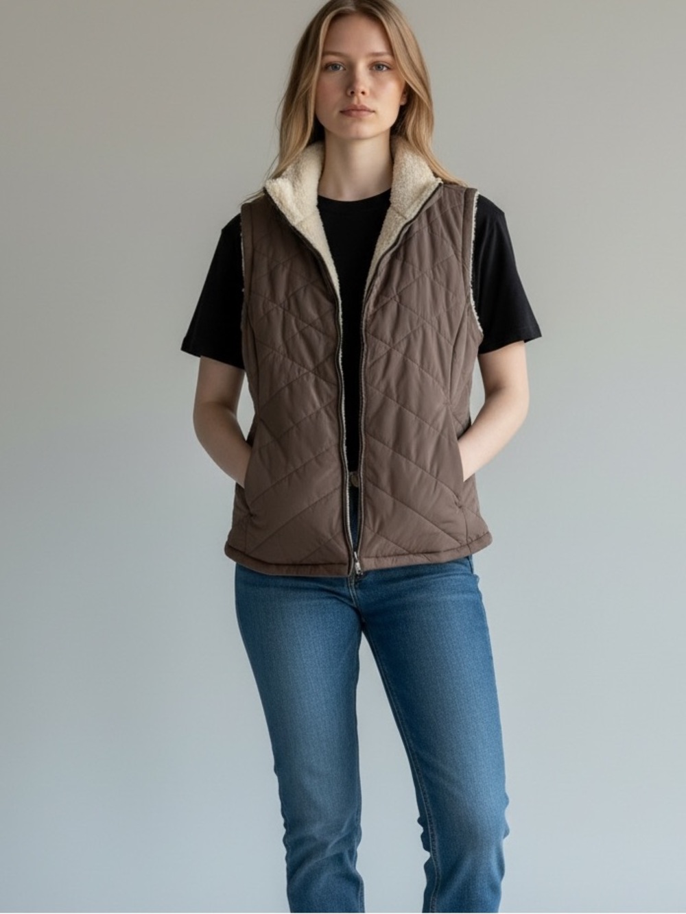 Free Country Brown Quilted Vest with Cream Sherpa Lining